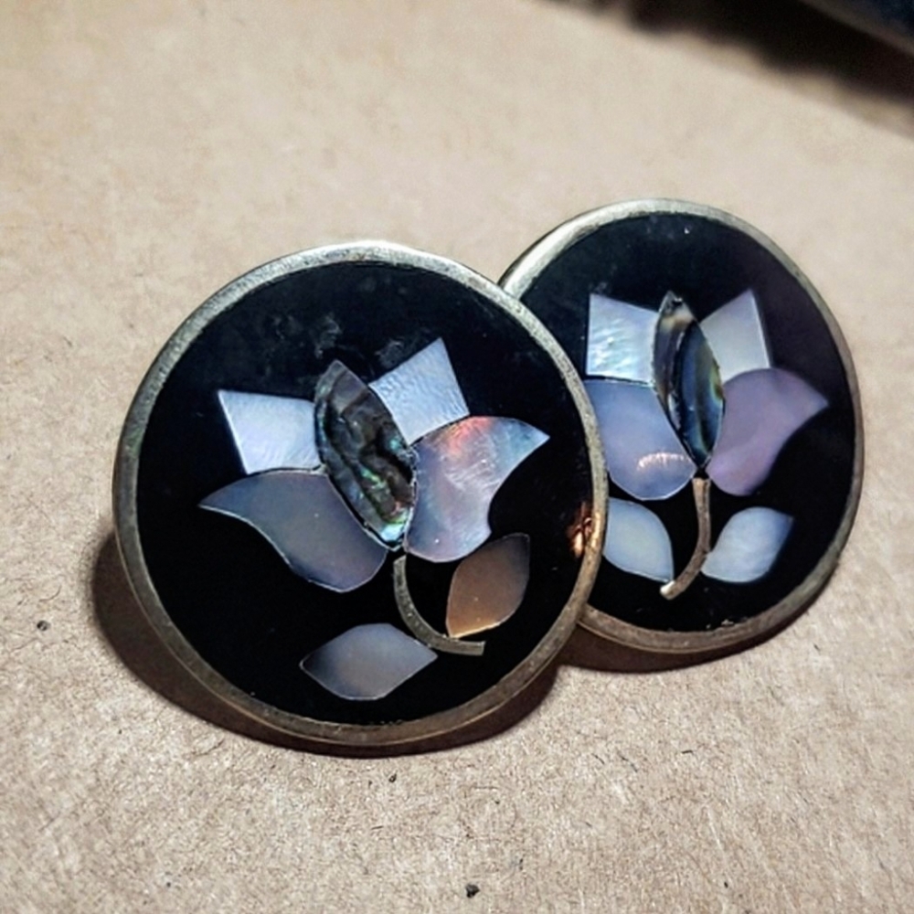 5/$50 Vintage Alpaca Mexico Abalone and Mother-of-Pearl Earrings Pierced